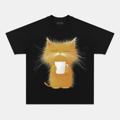 CARICATURE CAT WITH A MUG T-SHIRT