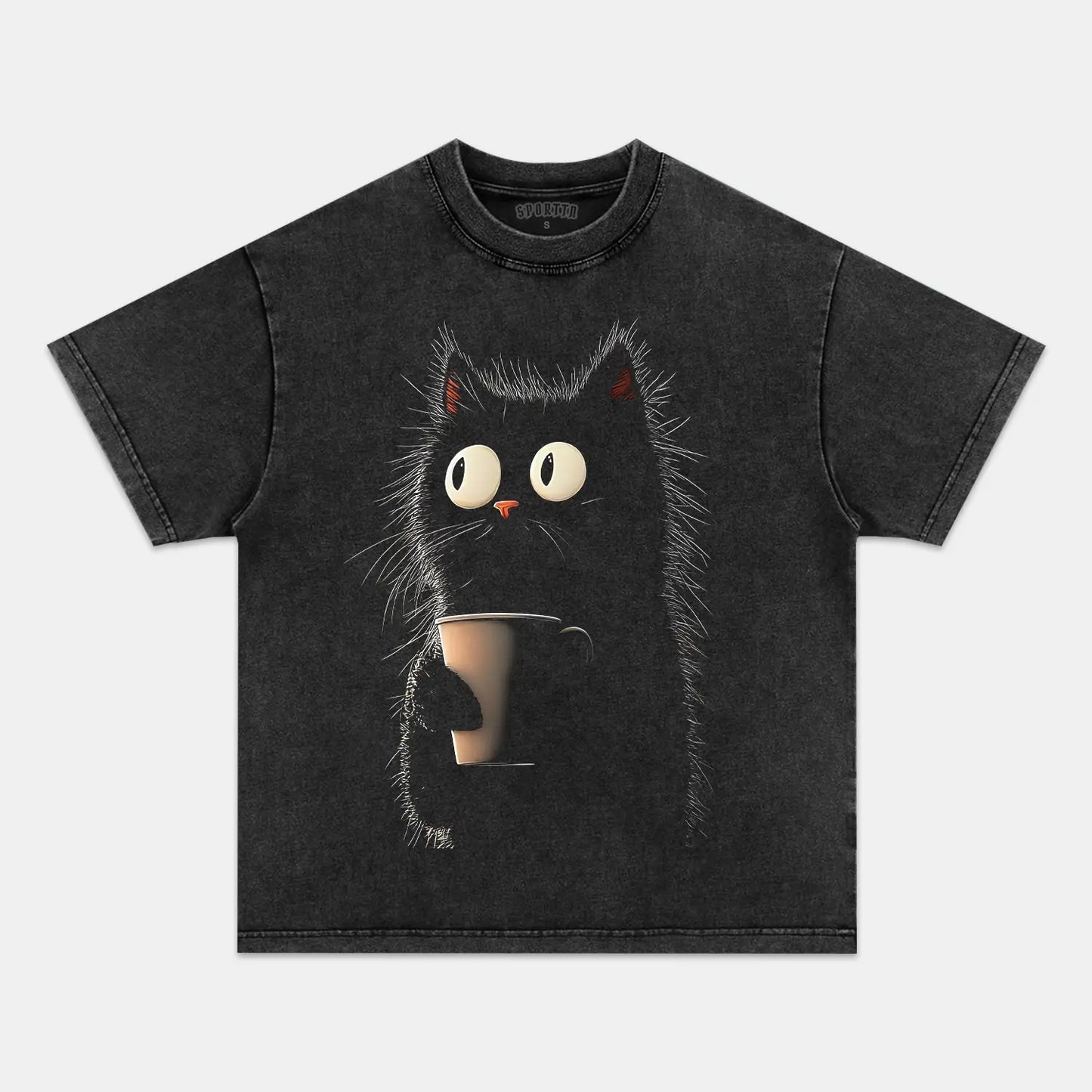 CARICATURE CAT WITH A MUG T-SHIRT