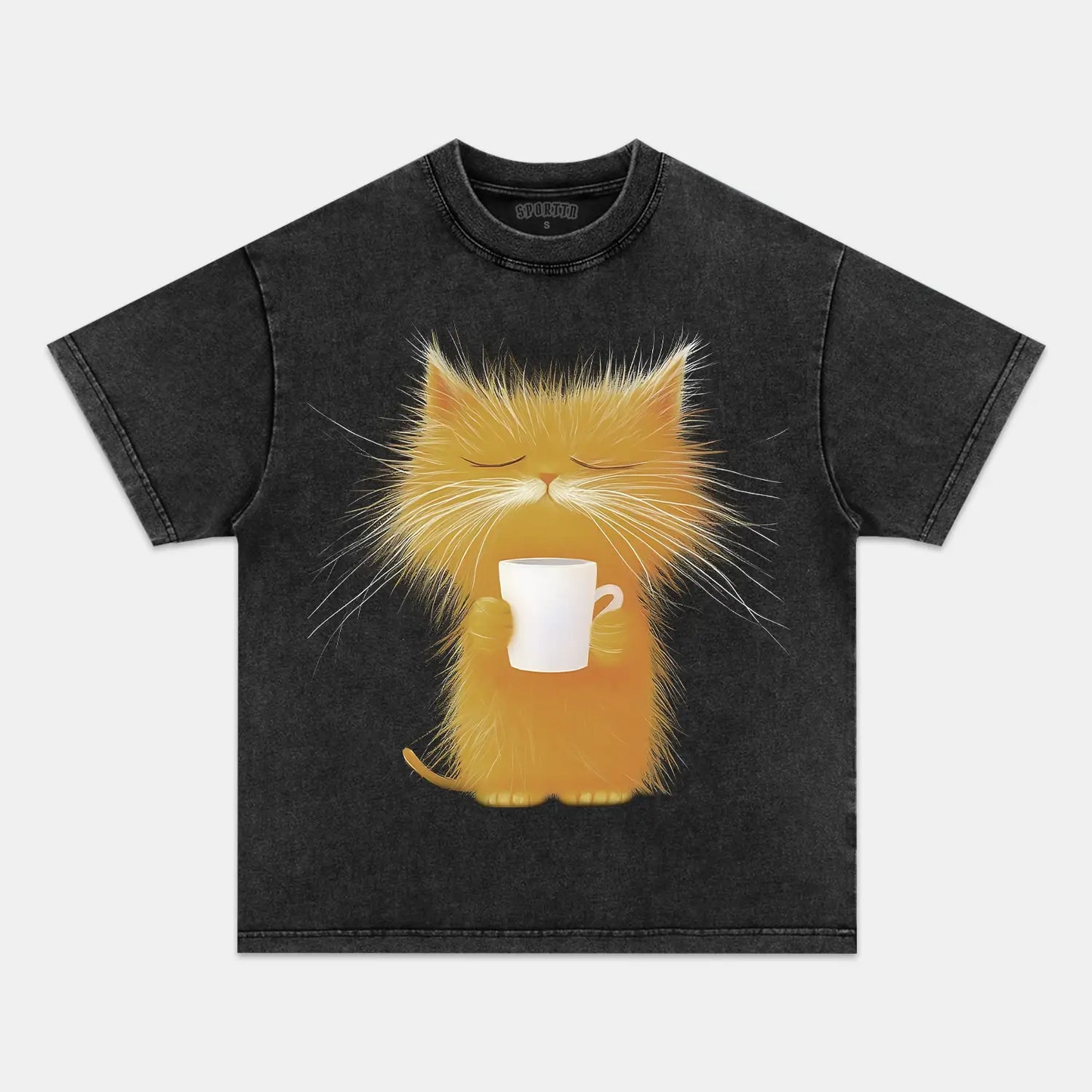 CARICATURE CAT WITH A MUG T-SHIRT