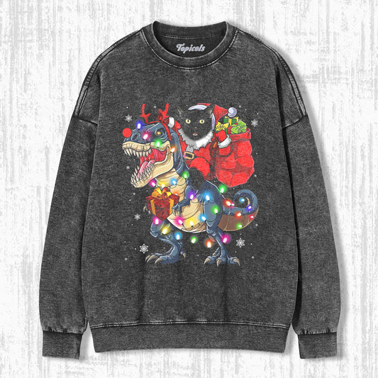 CAT RIDING A DINOSAUR T REX CHRISTMAS SWEATSHIRTS